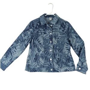 Chico's Button Up Denim Jacket Womens 0 US 4/6 Blue Floral Camo Tropical Boho